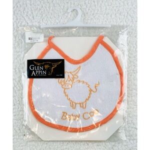 (NWOT) GLEN APPIN • Orange/White Scottish Highland Cow Embroidered Baby Bib